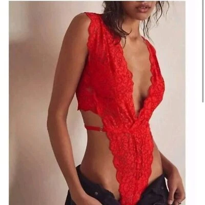 We Are HAH Cut to the Chase Bodysuit Womens XS Blood Orange Lace Lingerie NWT - Image 1 of 4