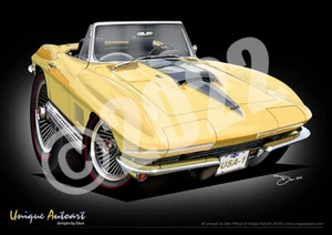 1967 Corvette Stingray Print - Classic Corvette Cartoon Art By Unique Autoart - Picture 1 of 7