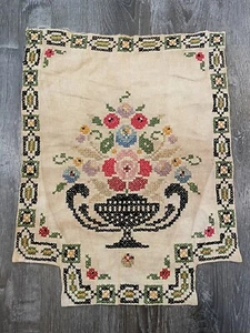 Vaso floreale multicolore vintage Vogart puro lino punto croce da appendere a parete 20”x15,5” - Foto 1 di 14