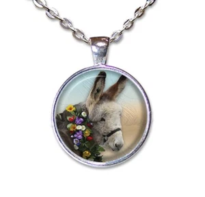 Donkey with Wreath Farm Animal - Handmade Round Glass Pendant Necklace Jewelry - Picture 1 of 10
