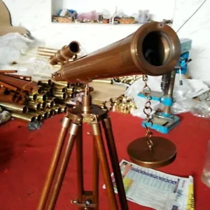Antique Vintage Brass Telescope 18" w/ Wooden Tripod US Navy Marine Collectible - Picture 1 of 4