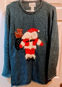 Quaker Factory Womans Pullover Blue Sweater With Santa Bear And Bells Size L - Picture 1 of 2