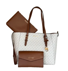 MICHAEL KORS CHARLOTTE LG 3 IN 1 TOTE SHOULDER BAG + CLUTCH MK VANILLA/BROWN - Picture 1 of 21