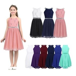 Kids Girls Floral Lace Shiny Dress Bridesmaid Wedding Birthday Party Formal Gown