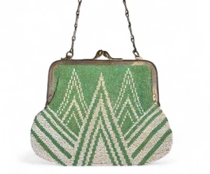 Cartera vintage con cuentas Art Deco verde y blanco bolso sin asas cadena de cierre a presión - Imagen 1 de 16