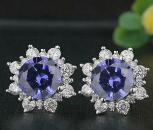 4ct Natural Tanzanite & Diamond Halo Cocktail Stud Earrings 14k Solid White Gold - Picture 1 of 12