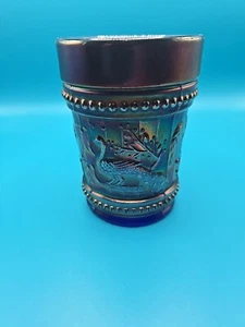Vintage Dugan Blue Carnival Glass Peacock At The Fountain Tumbler INV16 - Picture 1 of 4