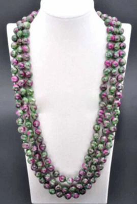 3 Rows 8/10/12mm Natural Red/Green Jade ​​Round Gemstone Beads Necklace 18-20'' - Image 1 of 4