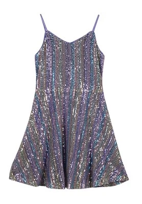 Pink & Violet Big Girls Strappy Sequinned Stripe Skater Dress - Image 1 of 4