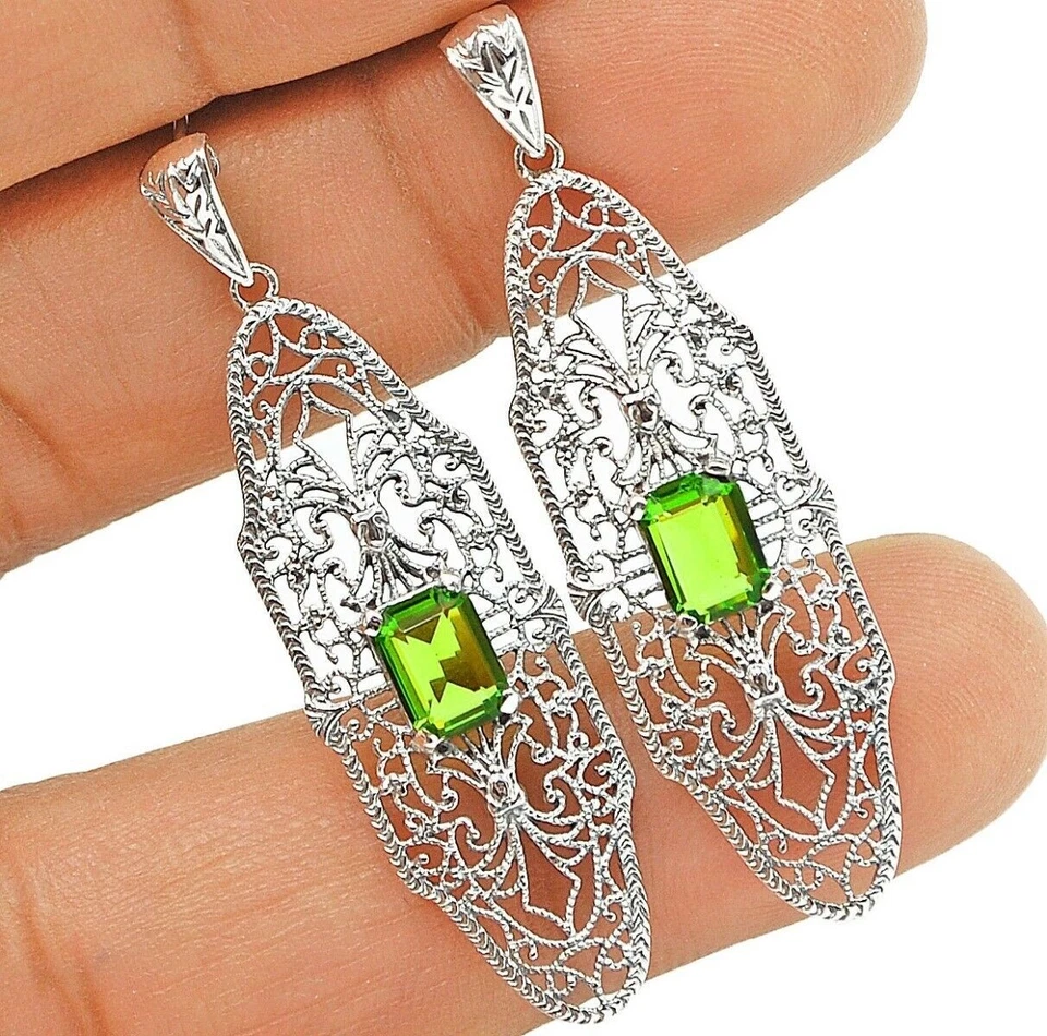2CT Natural Peridot 925 Solid Sterling Silver Art Nouveau Earrings Jewelry  - Image 1 of 1