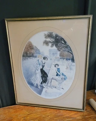 Litografia Art Deco assinada por Charles Dana Gibson, mulher, menina, cachorro Borzoi - Imagem 1 de 4