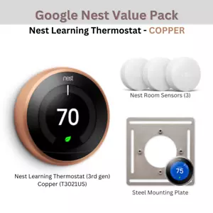 COPPER Pack: Nest Learning Thermostat 3rd gen + 3x Room Sensors + Mounting Plate - Picture 1 of 5
