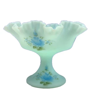 Fenton glassware vtg satin glass vase milk blue ridge crest rose signed compote - Picture 1 of 4