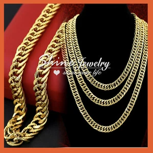 18K YELLOW GOLD GF MENS 10MM CURB CHAIN SOLID PATTERN RINGS 18-30INCH NECKLACE - Picture 1 of 6