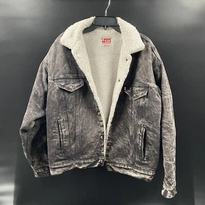 HOT VTG USA LEVI'S 70609 SHERPA LINED Fleece TRUCKER BLACK Denim JACKET Jeans L - Picture 1 of 9