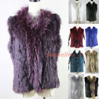 Women's Real Rabbit Fur Vest Real Raccoon Fur Trim Knitted Waistcoat Casual Top