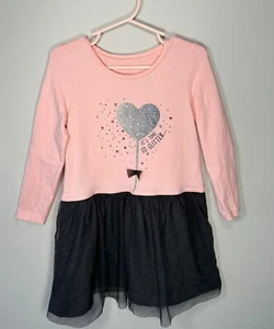 Girls' Glitter Heart Design-Tulle Skirt Long Sleeve Pink/Black Dress- Size 3-4Y - Picture 1 of 6