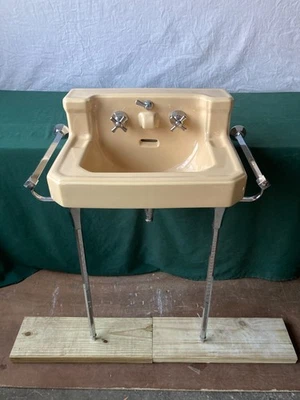 Vtg Butter Yellow Tan Ceramic Bath Sink Chrome legs Towel Bars Old Vtg 430-25E - Image 1 of 4