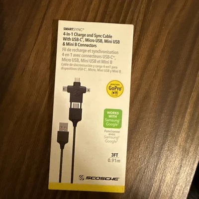 Cable de carga Scosche SMARTSYNC 4 en 1 USB-C/Micro USB/Mini USB/Mini-B – 3 pies Foto 1 de 3