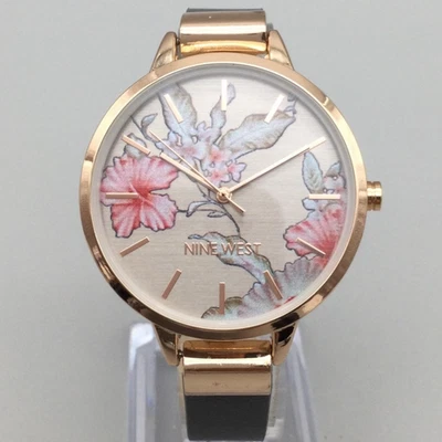 Reloj Nine West Mujer 38mm Esfera Floral Tono Oro Rosa Gris Cuero Batería Nueva Foto 1 de 4