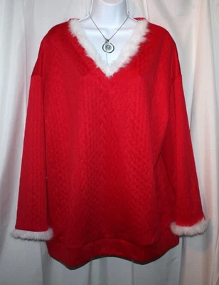红色长袖弹力套衫衬衫,带白色人造毛皮 V 领 - 2XL 码 — 第 1/4 张图片