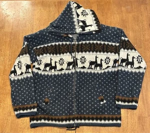 Vintage Aztec Wool Full Zip Hoodie Jacket Large Blue Animal Art - Picture 1 of 8