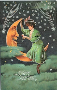 A Happy New Year Victorian Moon Girl Drinking Champagne Reproduction Postcard - Picture 1 of 2