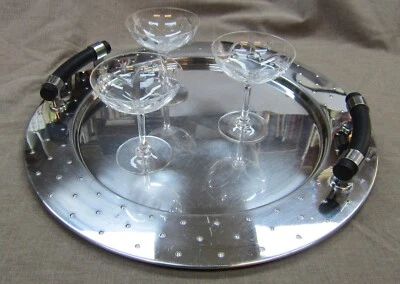 Grand plateau vintage inox Alessi design Michael Graves - 48 cm. poignées noires - Photo 1/4