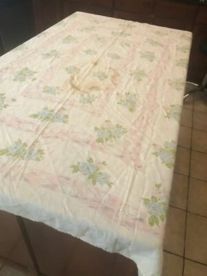 VTG White with Pink Place Settings Blue Flowers Rectangular Table Cloth 51”x67" - Image 1 of 4