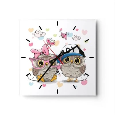 Horloge murale en verre 40x40cm Chouette dessin couleur motif Wall Clock - Photo 1/4