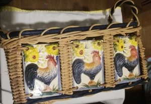 Decorative Square Woven Grass Wicker Ceramic Chickens Basket with Handles - Picture 1 of 9