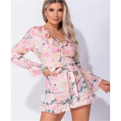 Kurzer Damen Overall Sommer Playsuit mit Blumen Rosa #OV450 - Bild 1 von 4