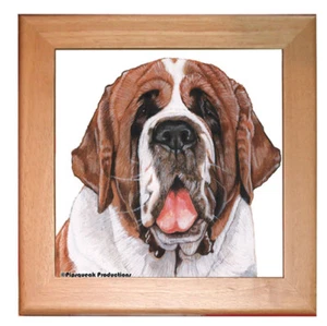 Saint Bernard Dog Kitchen Ceramic Trivet Framed in Pine 8" x 8" - Picture 1 of 1