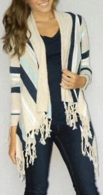 YA Los Angeles Women’s Beige Blue Navy Long Sleeve Fringed Knit Poncho Sweater M - Image 1 of 4