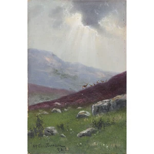 Oil on board by Nils Hans Christiansen. Deer with Sun Breaking Through Cloud. - Picture 1 of 4