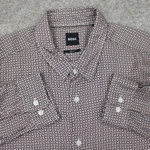BOSS Hugo Boss Roger Shirt Men XL Pink/Black/White Geometric Slim Fit Lyocel L/S - Picture 1 of 15