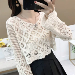 Lady Crochet Crop Top Hollow Out Flower Long Sleeve Knitted Blouse Beach Summer - Picture 1 of 14