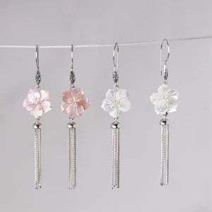 I05 Ohrring Blüte aus rosa oder weißer Muschel Sterling Silber 925 Quasten - Bild 1 von 7