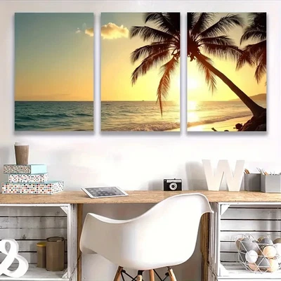 3pcs Yellow Tropical Beach Palm Tree SunsetWall Art Canvas  Unframed/Framed - Image 1 of 4