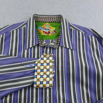 Robert Graham Shirt Mens 3XL Blue Purple Stripe Pleated Embroidered Flip Cuff - Image 1 of 4