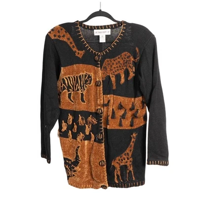 Suéter De Colección S Años 90 MomCore Safari Negro Marrón Animal Salvaje Cárdigan Botones Borla Foto 1 de 4