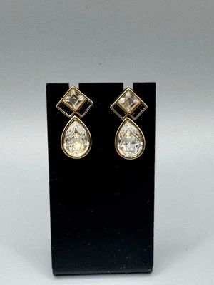 Swarovski Crystal Teardrop Earrings Gold Plated Black Accents Bling Swan Signed - Image 1 of 4