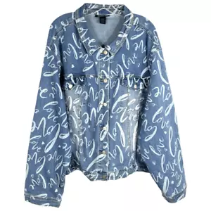 Giacca denim Ashley Stewart taglie forti 30W 32W Love stampa scritta all over 963 - Foto 1 di 8