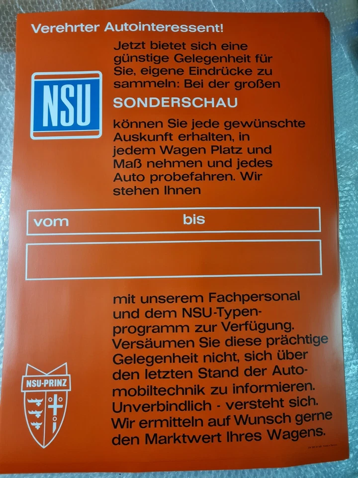 Póster NSU PRINZ4,1000,TT,TTS,1200 C,TIPO 110, exposición especial, PÓSTER, CARTEL DIN A3 Foto 1 de 1