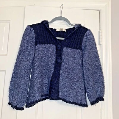 Cárdigan suéter boho pequeño azul con capucha cierre de botones a presión para mujer Foto 1 de 4