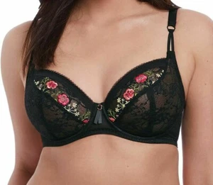 Freya Rhea Bra Black Embroidered Lace 30F Underwired Plunge Balcony 2391 New - Picture 1 of 12