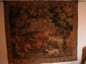 19TH Century Antique Verdure tapestry 63 X 71 nice coloration Dogs, Wolf, Castle - Picture 1 of 9