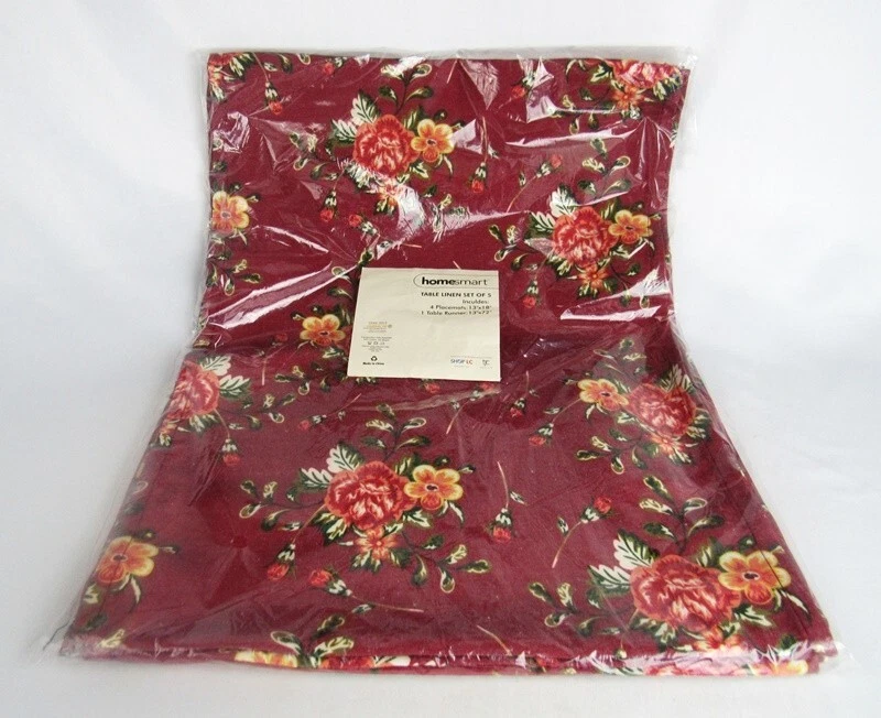 Homesmart Red Floral Table Linen Set 4 Placemat 1 Table Runner Poly Blend - NEW - Image 1 of 4