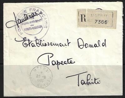 FRANCE POLYNESIA 1966 REGISTERED FREE FRANK OFFICIAL COVER MOERAI RURUTU ISLAND  - Image 1 of 2