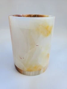Vintage Onyx Votive Tea Light Round Column Cylinder Candle Holder Beige Brown - Picture 1 of 9